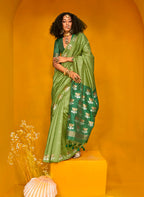Monjolika Fashion Green Handloom Silk Weaving Zari Designer Saree | Grocsy