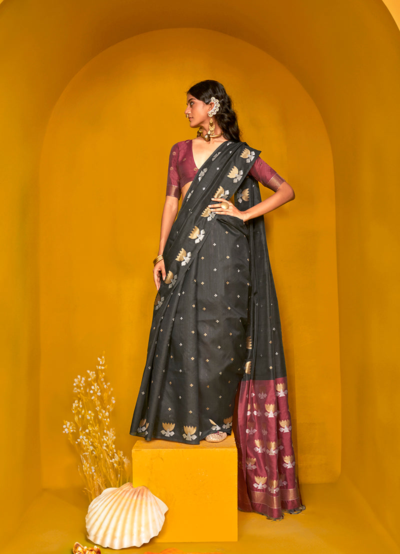 Monjolika Fashion Black Handloom Silk Weaving Zari Designer Saree | Grocsy