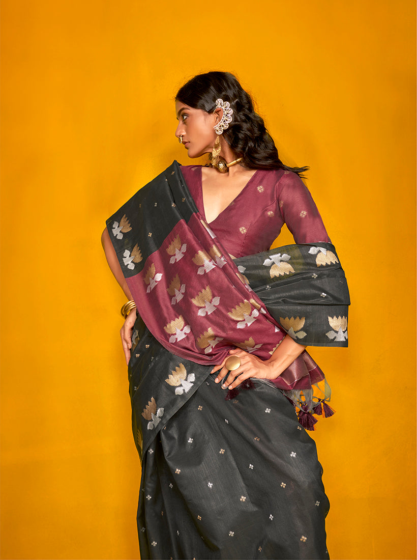 Monjolika Fashion Black Handloom Silk Weaving Zari Designer Saree | Grocsy