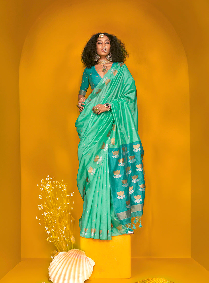 Monjolika Fashion Sea Green Handloom Silk Weaving Zari Designer Saree | Grocsy
