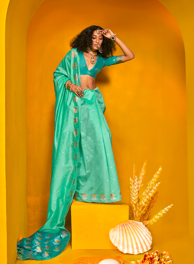 Monjolika Fashion Sea Green Handloom Silk Weaving Zari Designer Saree | Grocsy
