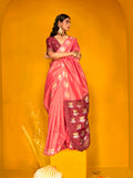 Monjolika Fashion Peach Handloom Silk Weaving Zari Designer Saree | Grocsy