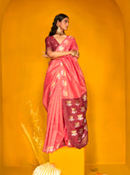 Monjolika Fashion Peach Handloom Silk Weaving Zari Designer Saree | Grocsy