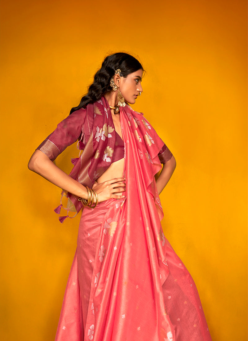 Monjolika Fashion Peach Handloom Silk Weaving Zari Designer Saree | Grocsy