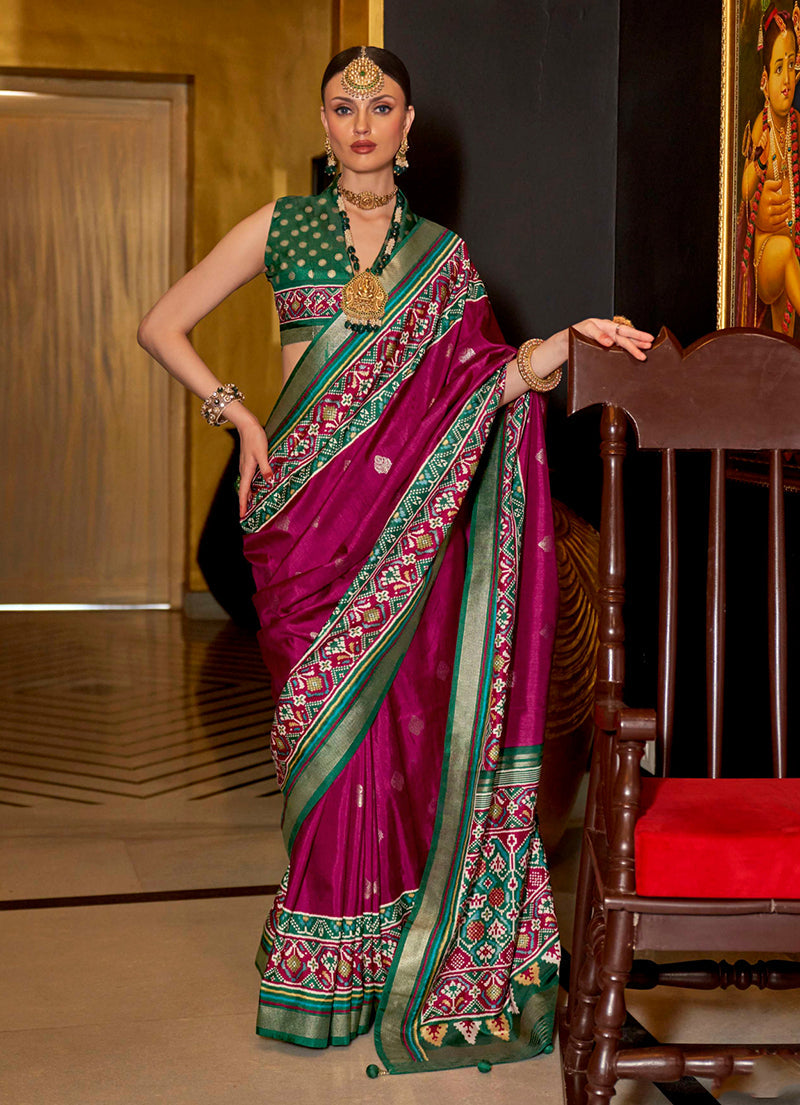 Monjolika Fashion Burgundy Patola Printed Silk Contemporary Saree For Ceremonial | Grocsy