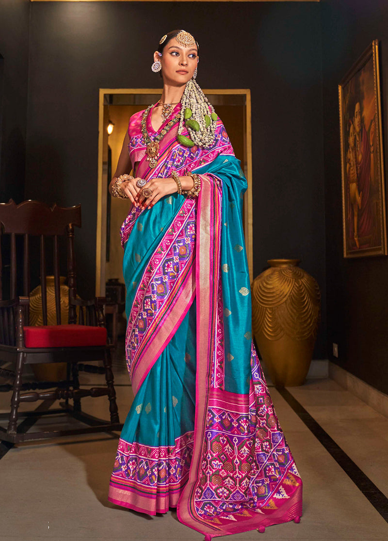 Monjolika Fashion Blue Patola Printed Silk Contemporary Saree For Ceremonial | Grocsy