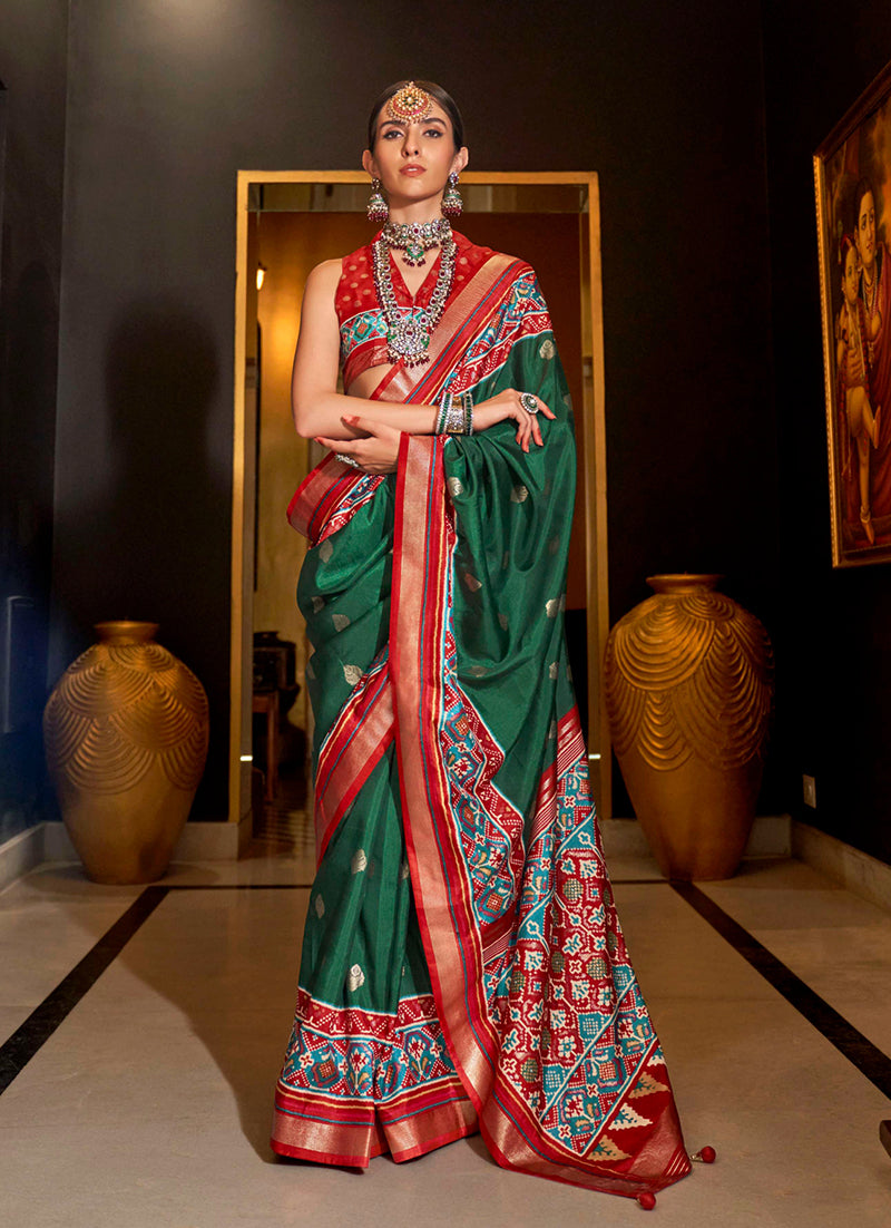 Monjolika Fashion Dark Green Color Patola Printed Work Silk Classic Saree | Grocsy