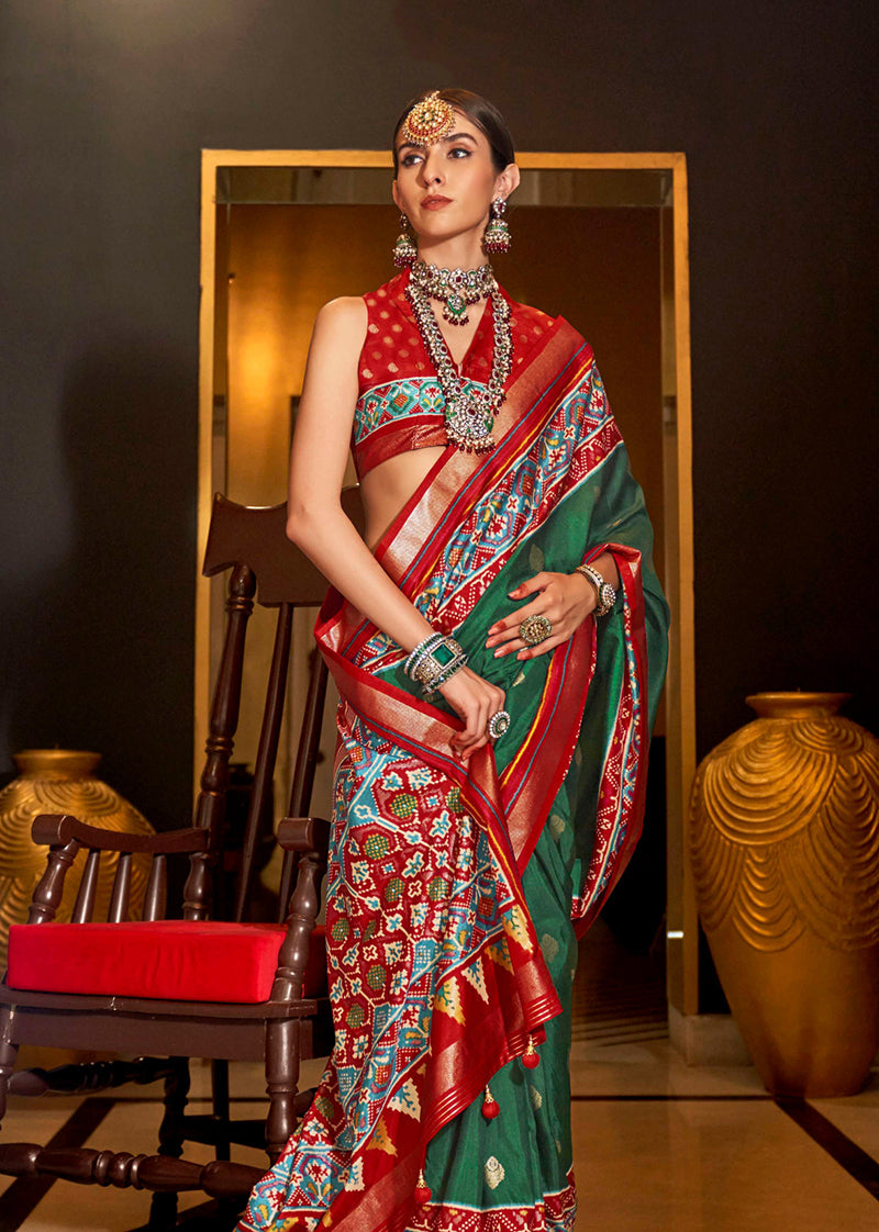 Monjolika Fashion Dark Green Color Patola Printed Work Silk Classic Saree | Grocsy