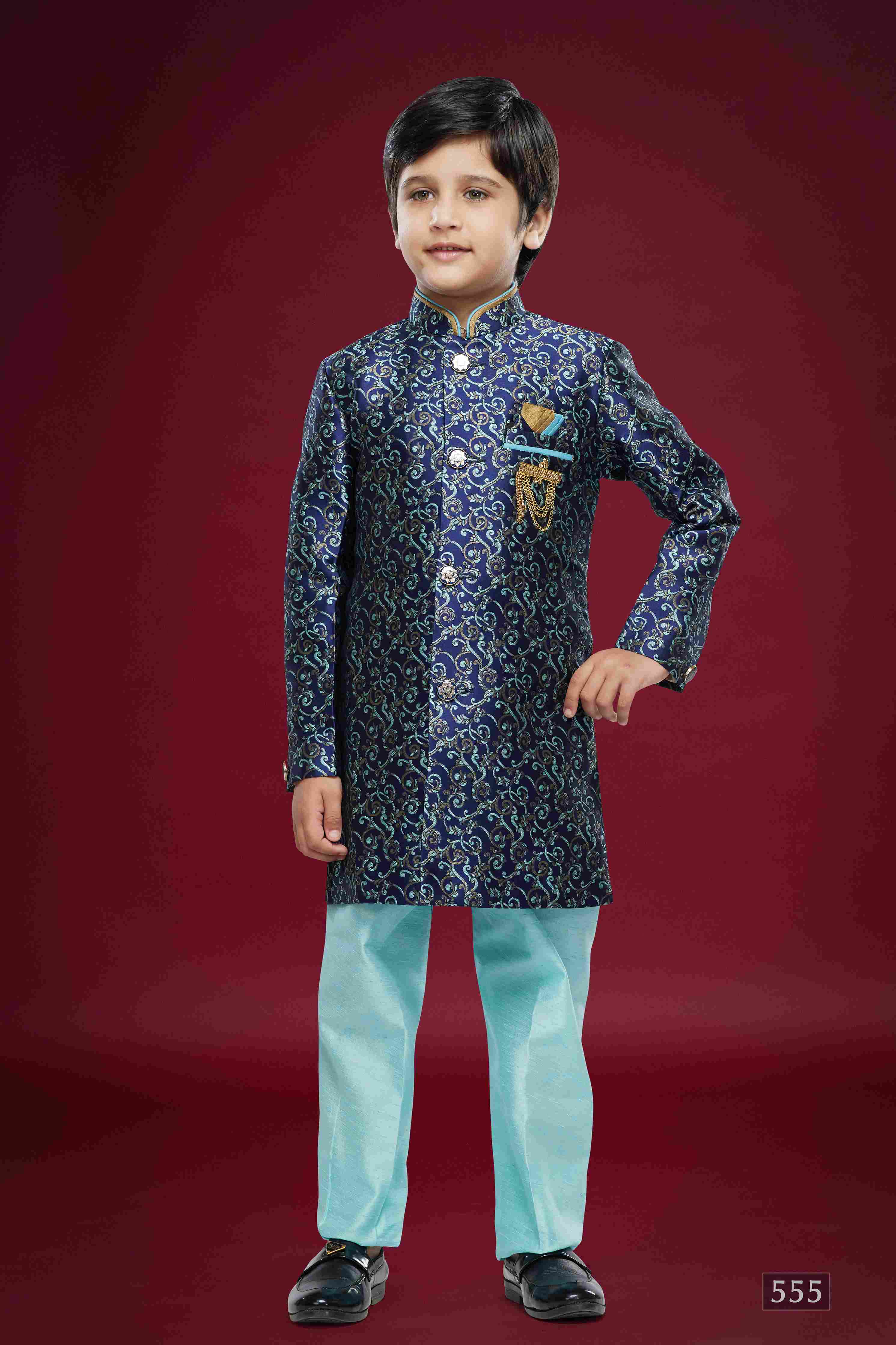 Raivat Ethnic Kids Banarasi Jacquard Woven Work Semi Indo Western Set Blue Colour | Grocsy