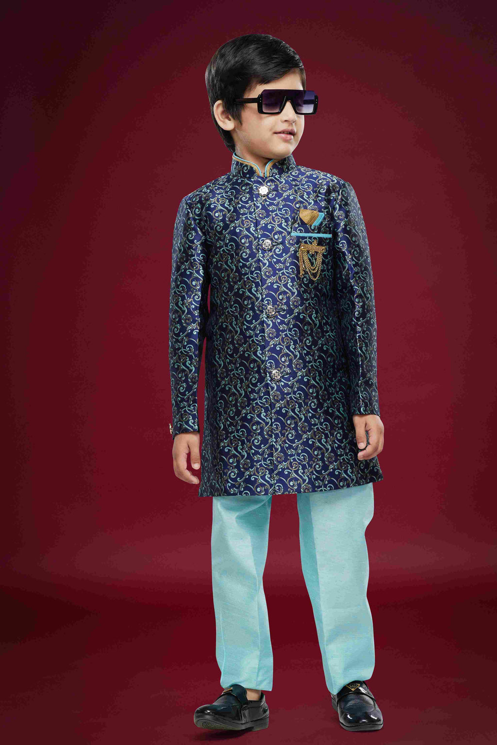 Raivat Ethnic Kids Banarasi Jacquard Woven Work Semi Indo Western Set Blue Colour | Grocsy