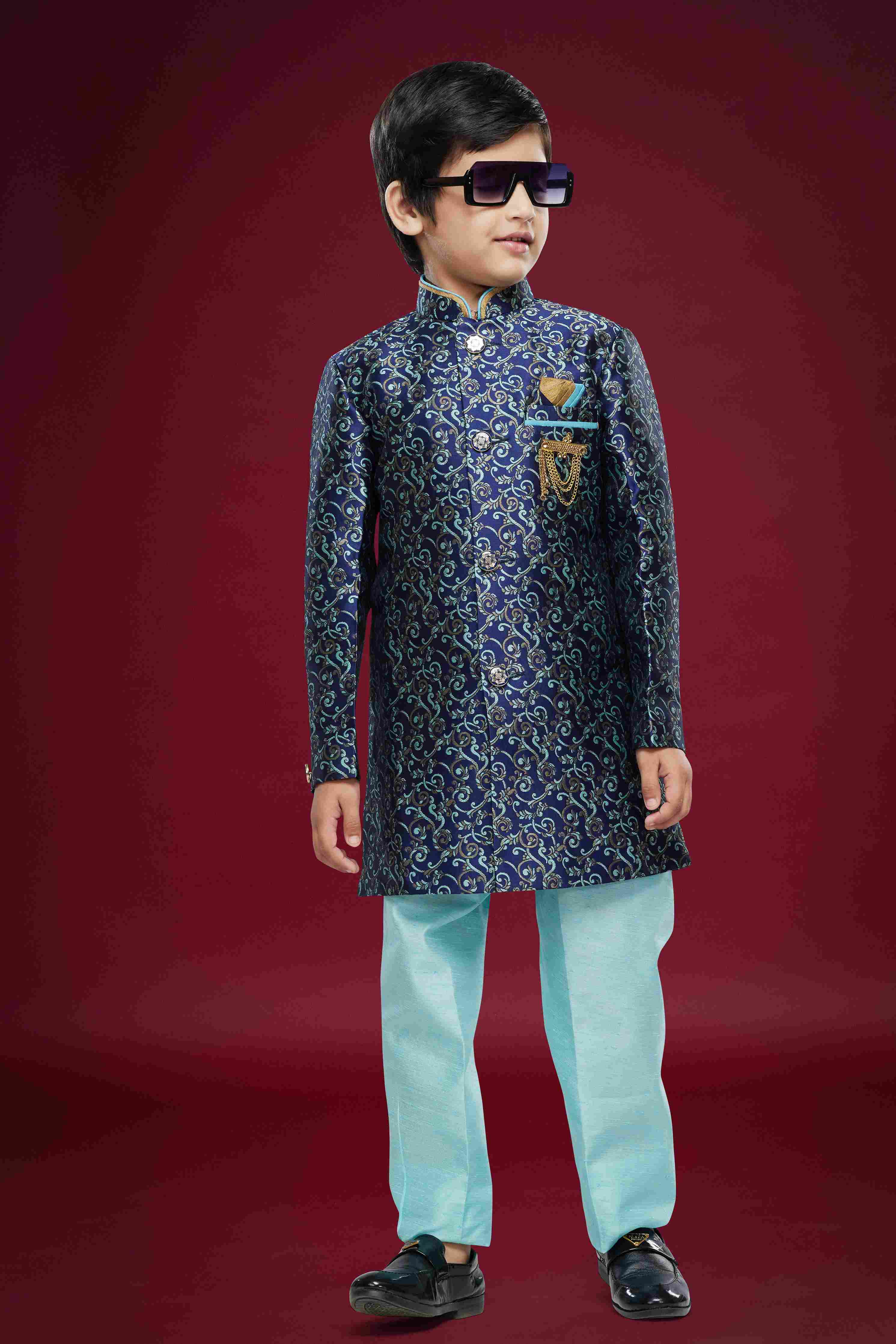 Raivat Ethnic Kids Banarasi Jacquard Woven Work Semi Indo Western Set Blue Colour | Grocsy