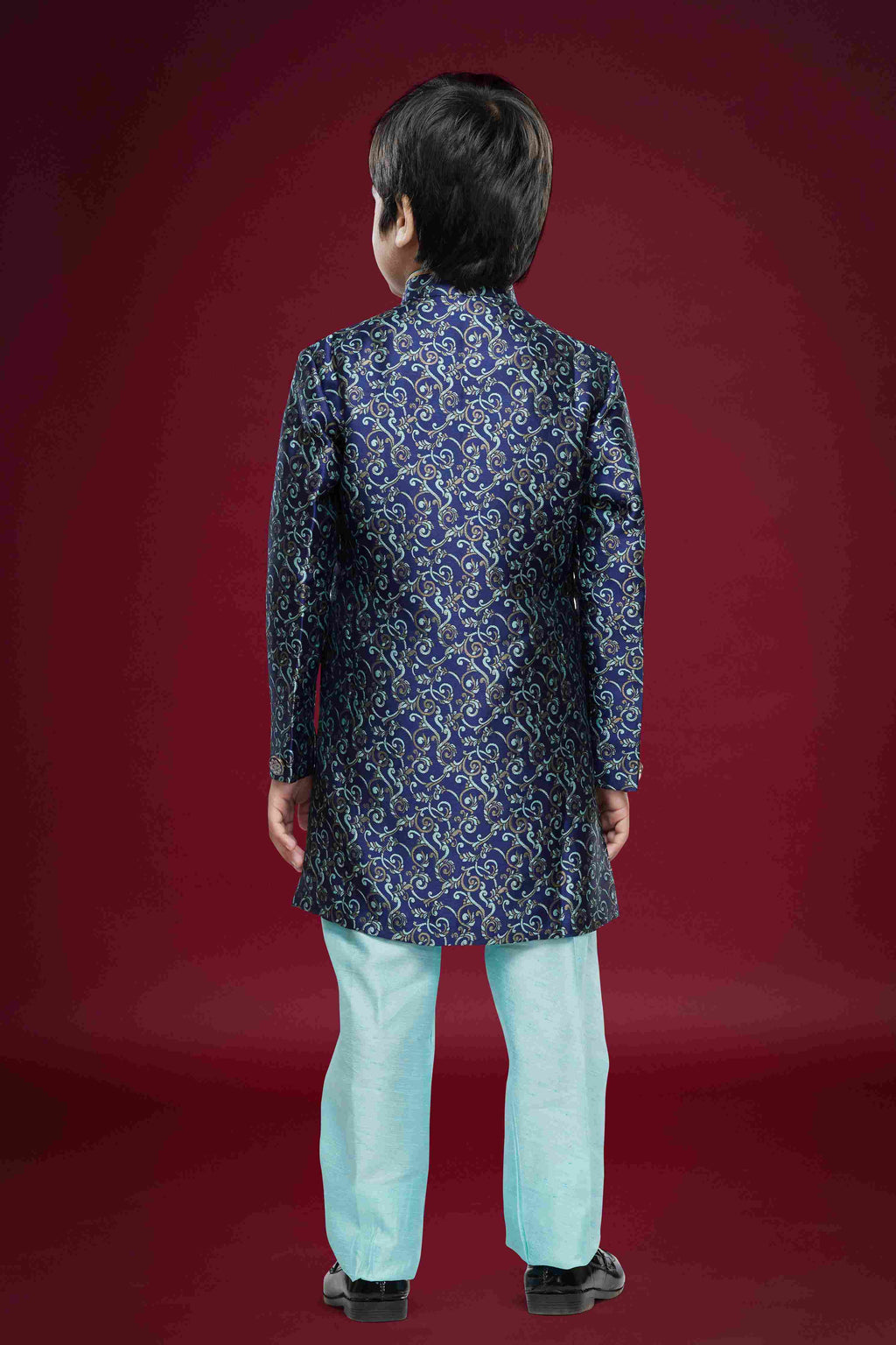 Raivat Ethnic Kids Banarasi Jacquard Woven Work Semi Indo Western Set Blue Colour | Grocsy