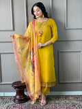 The52 Mustard Embroidered Chanderi Fabric Straight Kurta, Pant and Dupatta Set | Grocsy