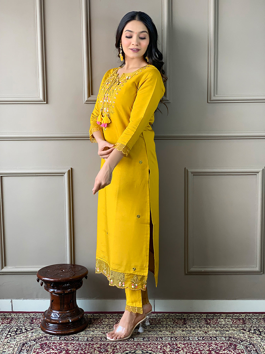 The52 Mustard Embroidered Chanderi Fabric Straight Kurta, Pant and Dupatta Set | Grocsy