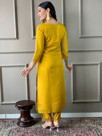 The52 Mustard Embroidered Chanderi Fabric Straight Kurta, Pant and Dupatta Set | Grocsy