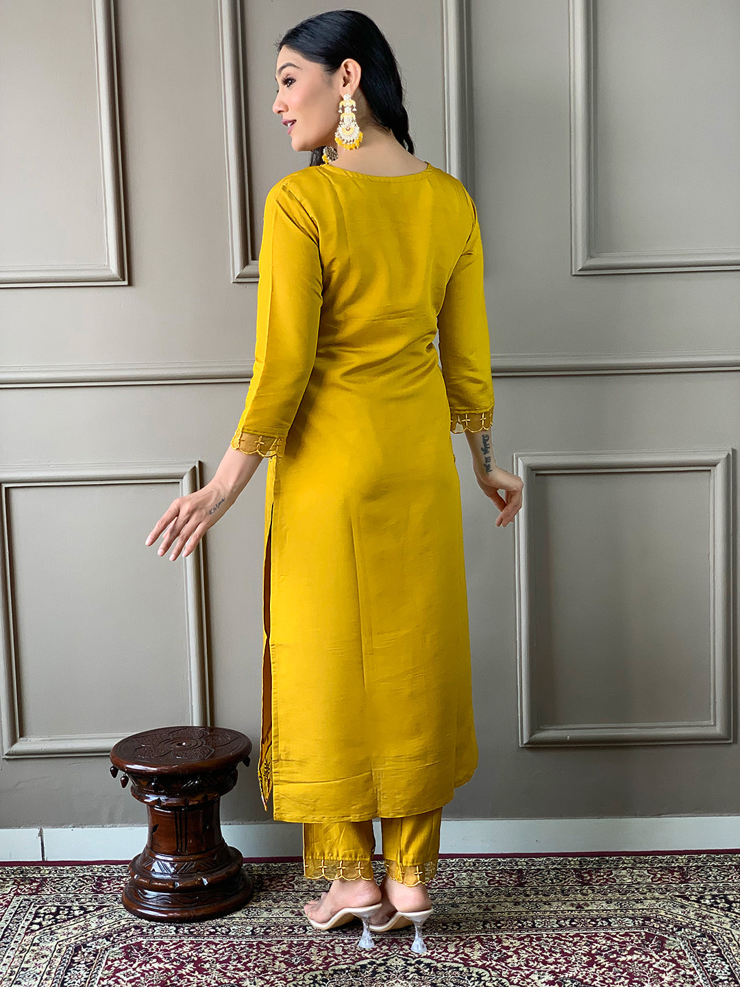 The52 Mustard Embroidered Chanderi Fabric Straight Kurta, Pant and Dupatta Set | Grocsy