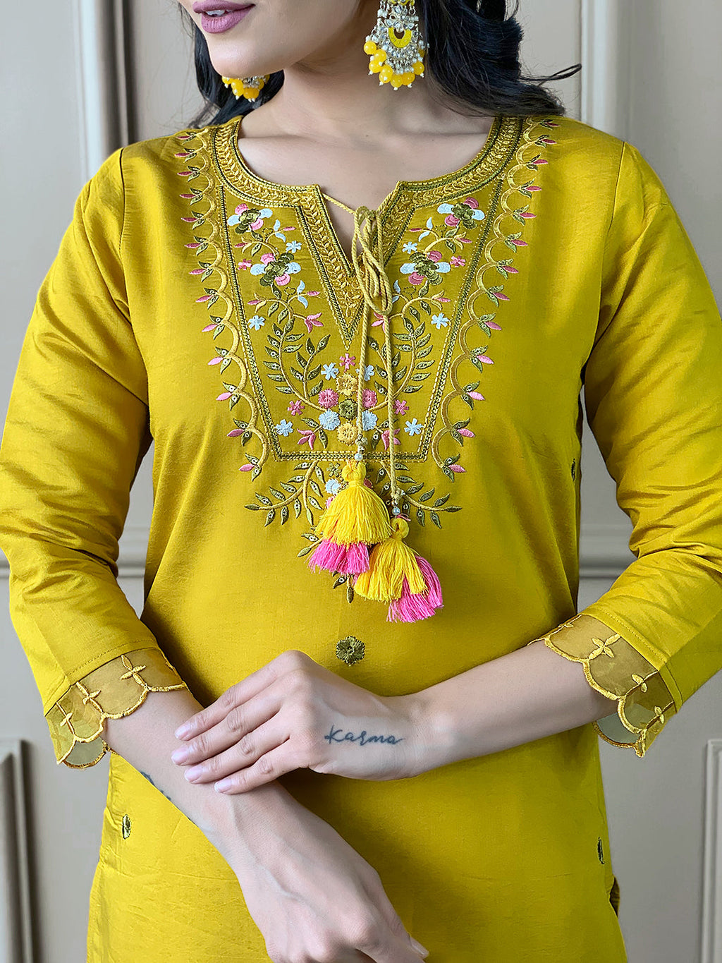 The52 Mustard Embroidered Chanderi Fabric Straight Kurta, Pant and Dupatta Set | Grocsy