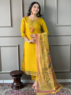 The52 Mustard Embroidered Chanderi Fabric Straight Kurta, Pant and Dupatta Set | Grocsy