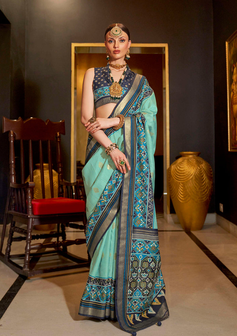 Monjolika Fashion Sea Green Patola Printed Work Silk Designer Saree | Grocsy
