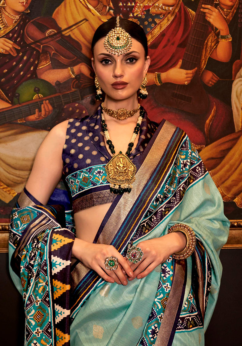Monjolika Fashion Sea Green Patola Printed Work Silk Designer Saree | Grocsy