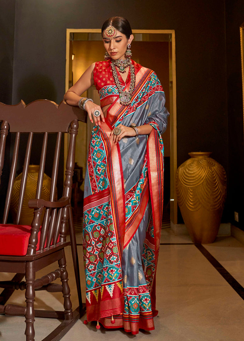 Monjolika Fashion Patola Print Silk Designer Saree In Grey | Grocsy