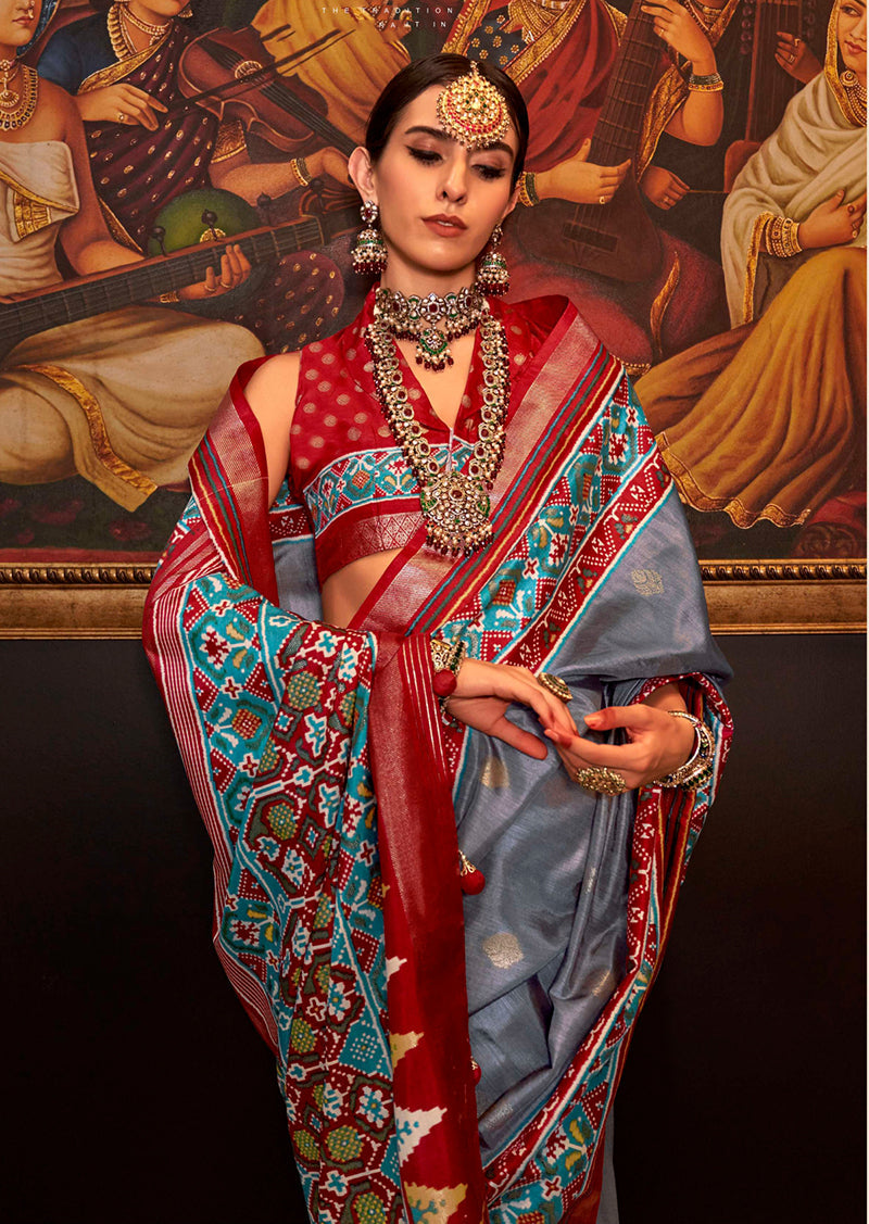 Monjolika Fashion Patola Print Silk Designer Saree In Grey | Grocsy