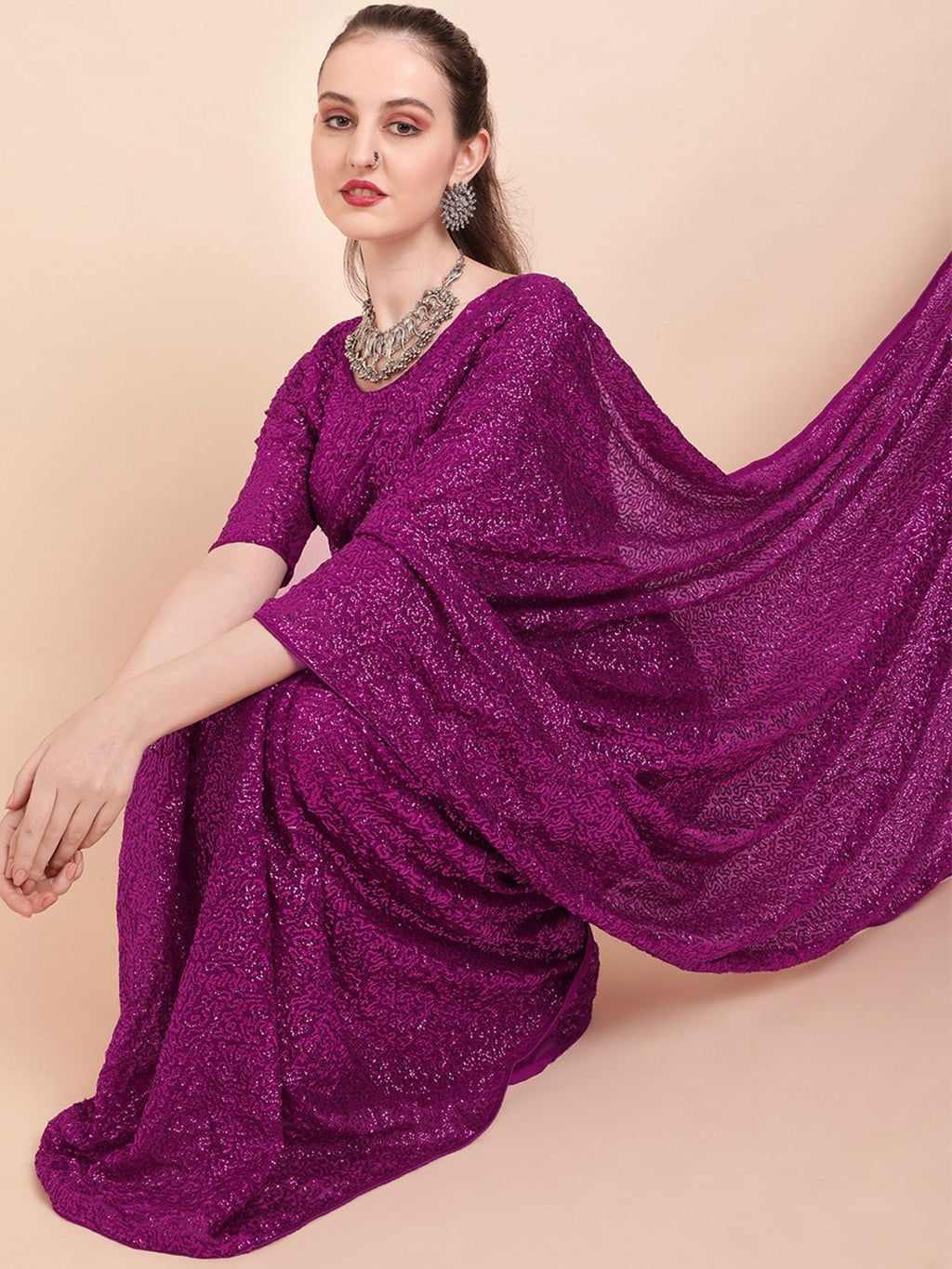 Sangria Sequinned Pure Georgette Party Saree | Grocsy