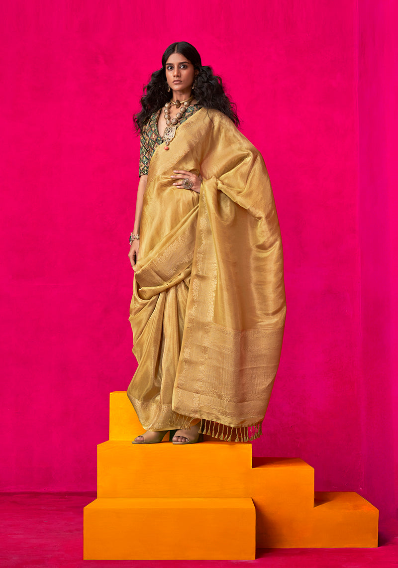 Monjolika Fashion Mustard Weaving Tissue Silk Traditional Saree | Grocsy