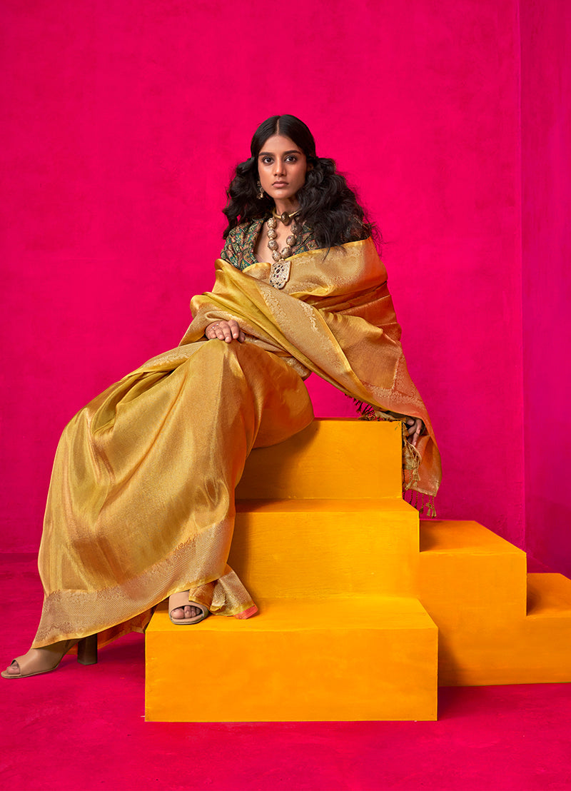 Monjolika Fashion Mustard Weaving Tissue Silk Traditional Saree | Grocsy