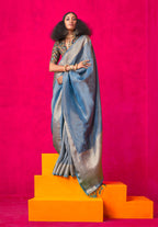 Monjolika Fashion Sky Blue Weaving Tissue Silk Traditional Saree | Grocsy