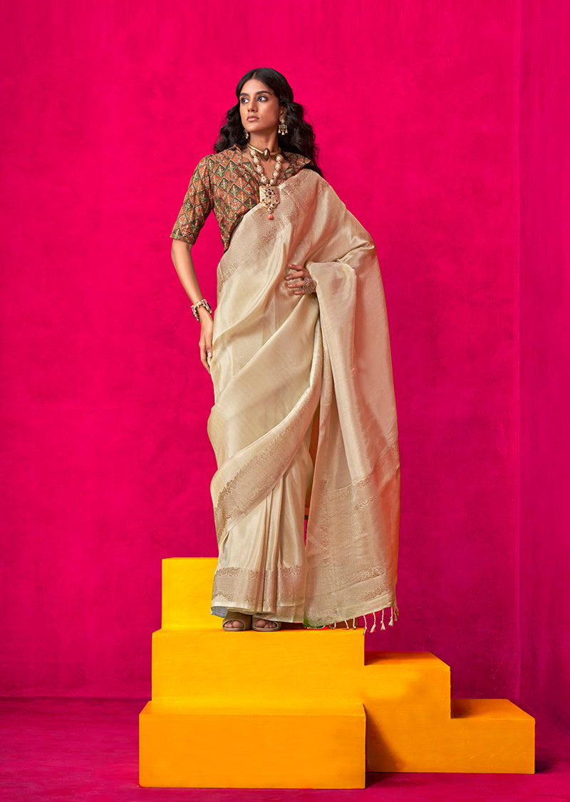 Monjolika Fashion Cream Weaving Tissue Silk Traditional Saree | Grocsy