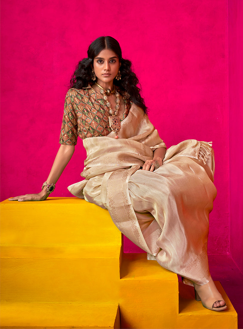 Monjolika Fashion Cream Weaving Tissue Silk Traditional Saree | Grocsy