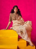 Monjolika Fashion Cream Weaving Tissue Silk Traditional Saree | Grocsy