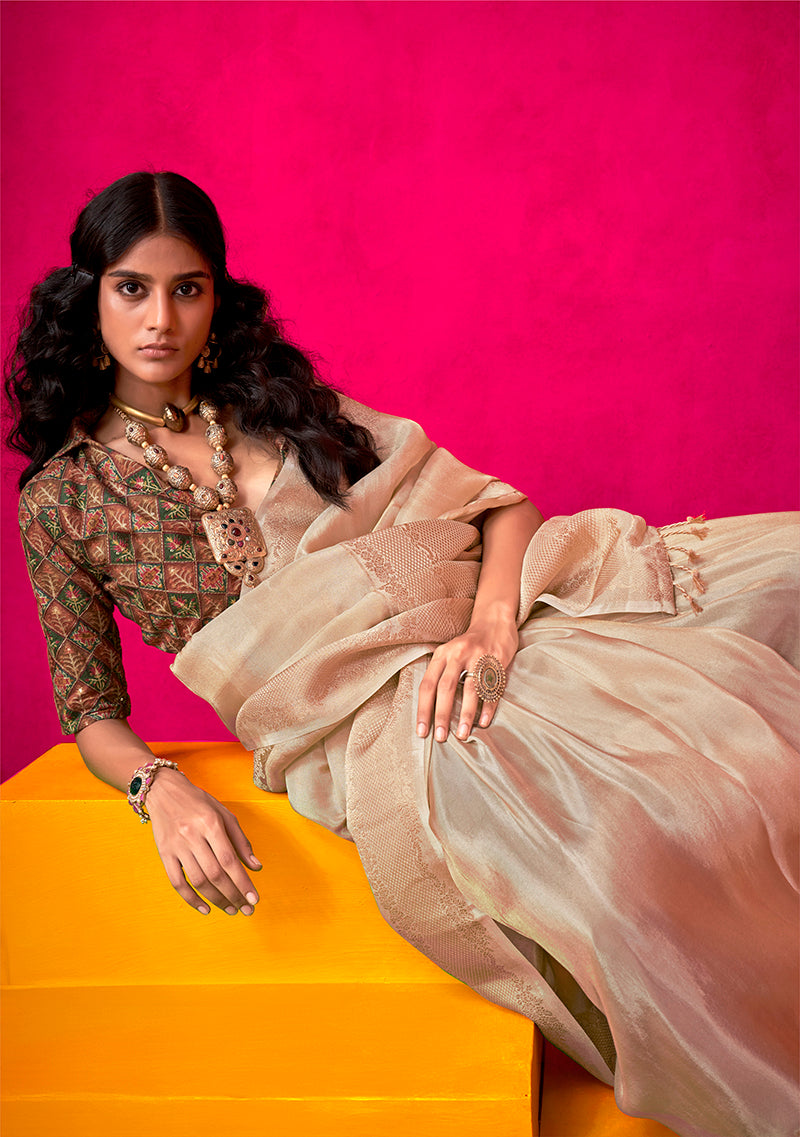 Monjolika Fashion Cream Weaving Tissue Silk Traditional Saree | Grocsy