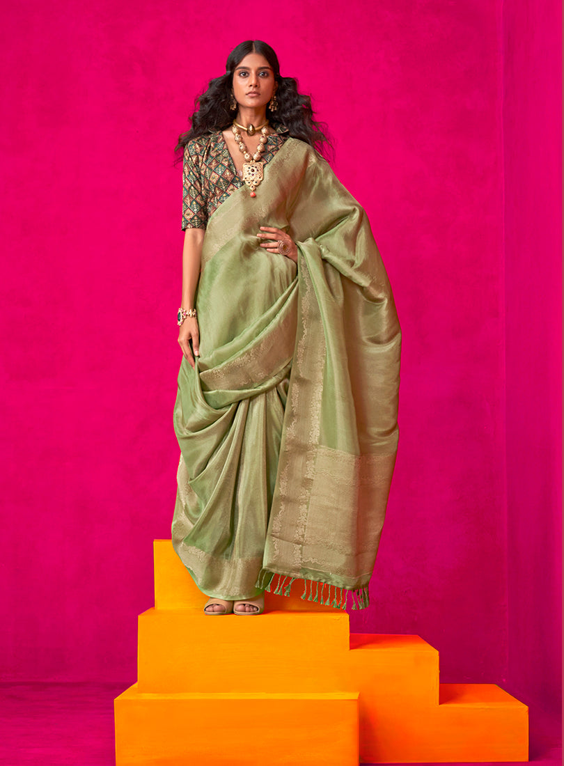Monjolika Fashion Green Weaving Tissue Silk Traditional Saree | Grocsy