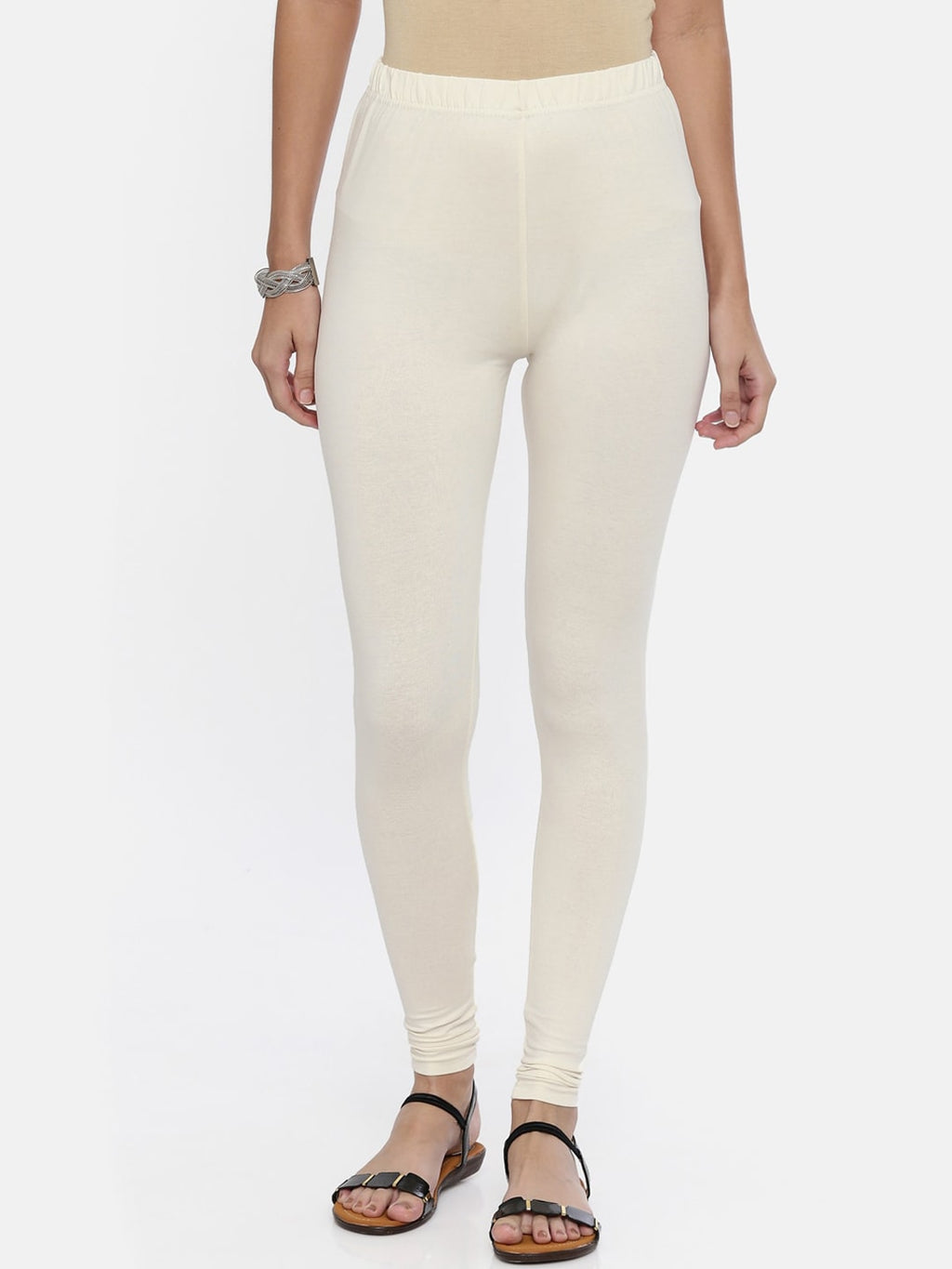 Souchii Off-White Solid Slim-Fit Churidar-Length Leggings | Grocsy