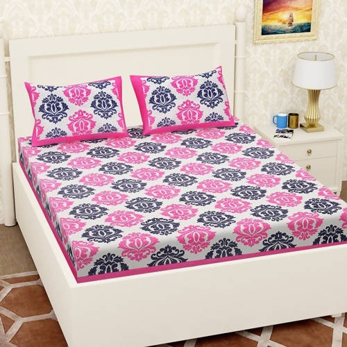 Vamika Printed Cotton White & Pink Flower Design Bedsheet With Pillow Covers (LEOC_PPNKC_P) | Grocsy