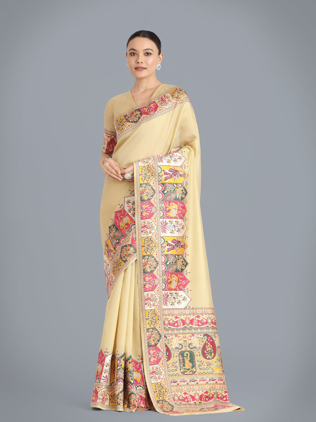Monjolika Fashion Pashmina Silk Beige Gold Zari Woven Saree? | Grocsy