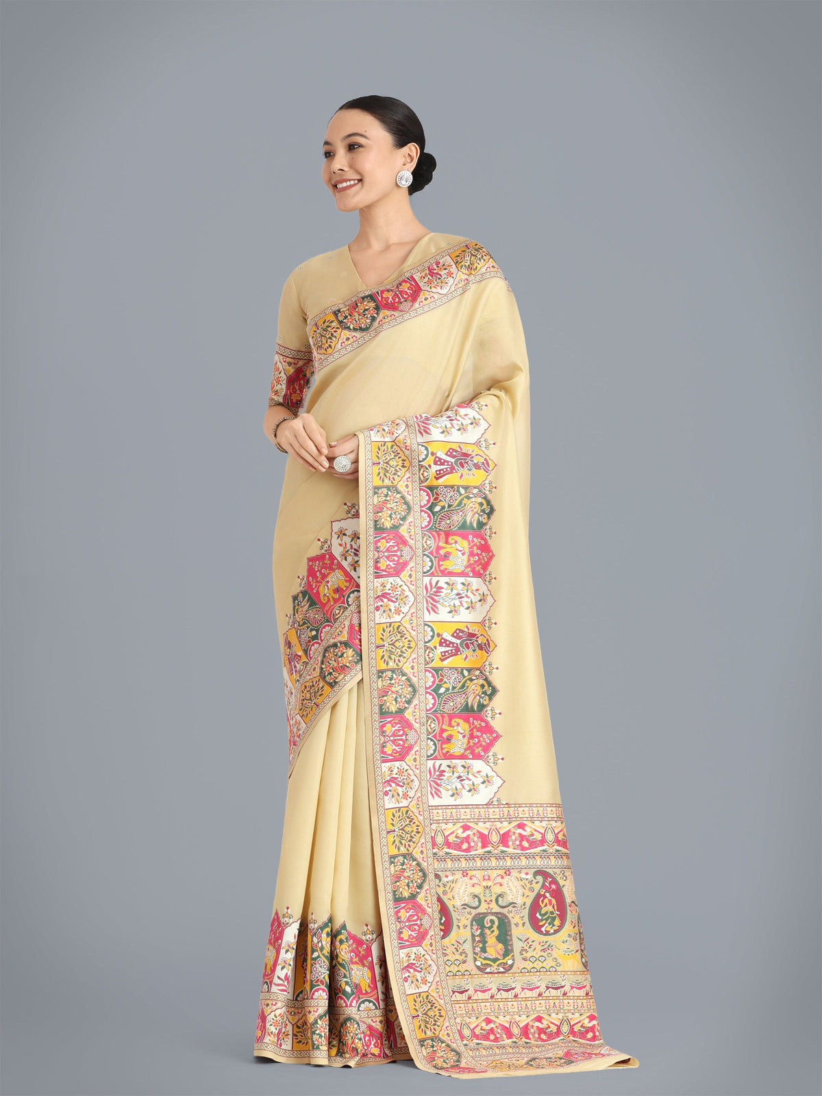 Monjolika Fashion Pashmina Silk Beige Gold Zari Woven Saree? | Grocsy