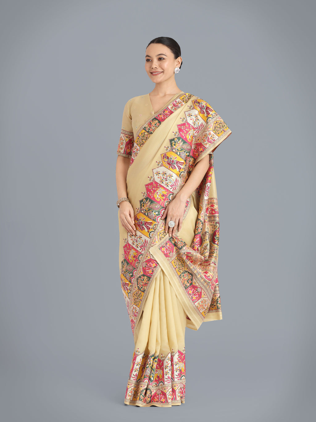 Monjolika Fashion Pashmina Silk Beige Gold Zari Woven Saree? | Grocsy