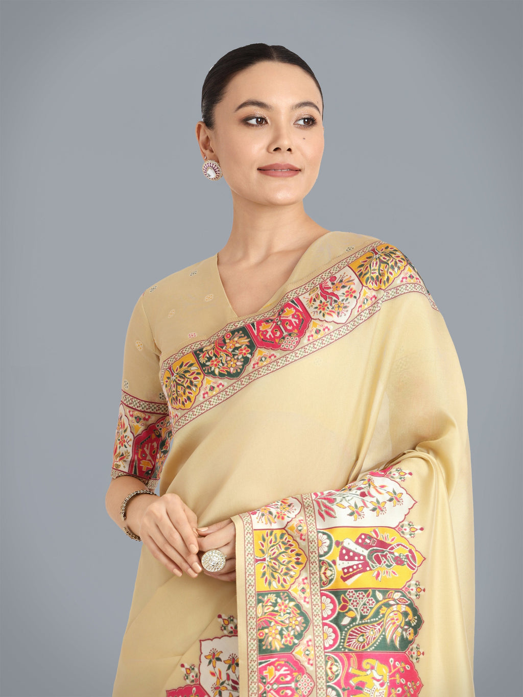 Monjolika Fashion Pashmina Silk Beige Gold Zari Woven Saree? | Grocsy