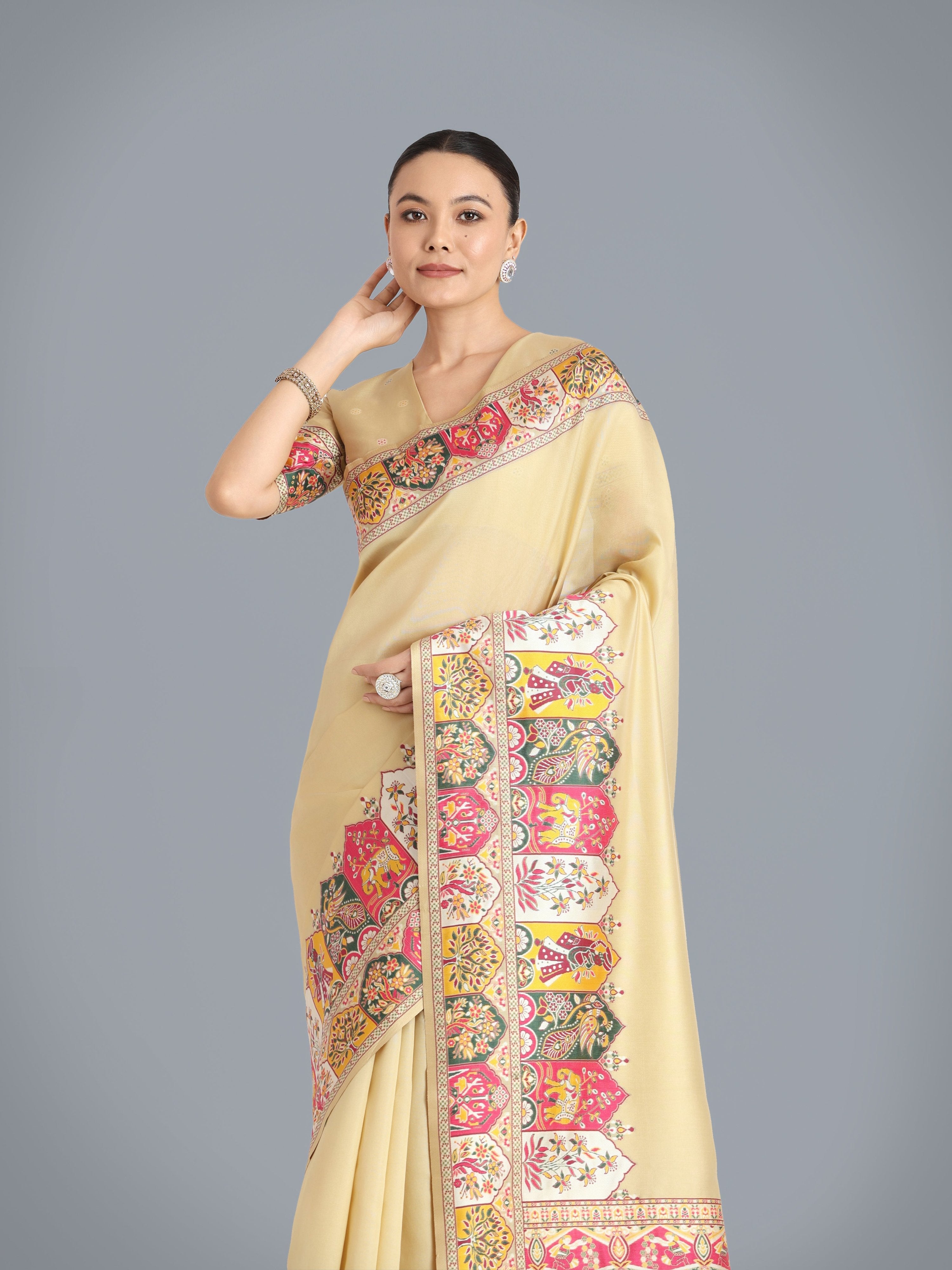 Monjolika Fashion Pashmina Silk Beige Gold Zari Woven Saree? | Grocsy