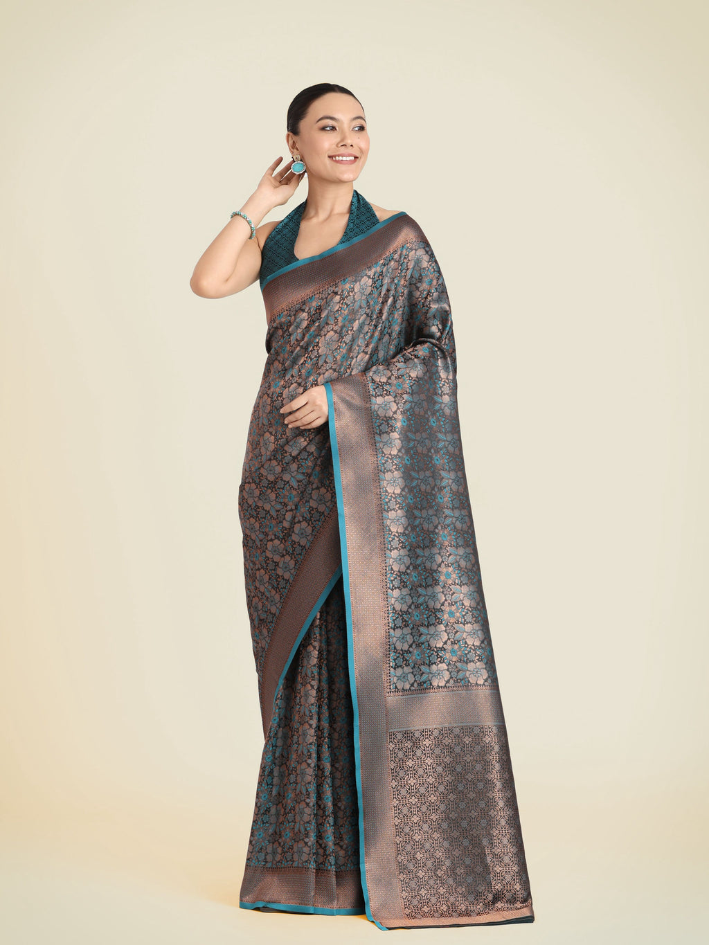 Monjolika Fashion Teal Color Banarasi Silk Woven Saree | Grocsy