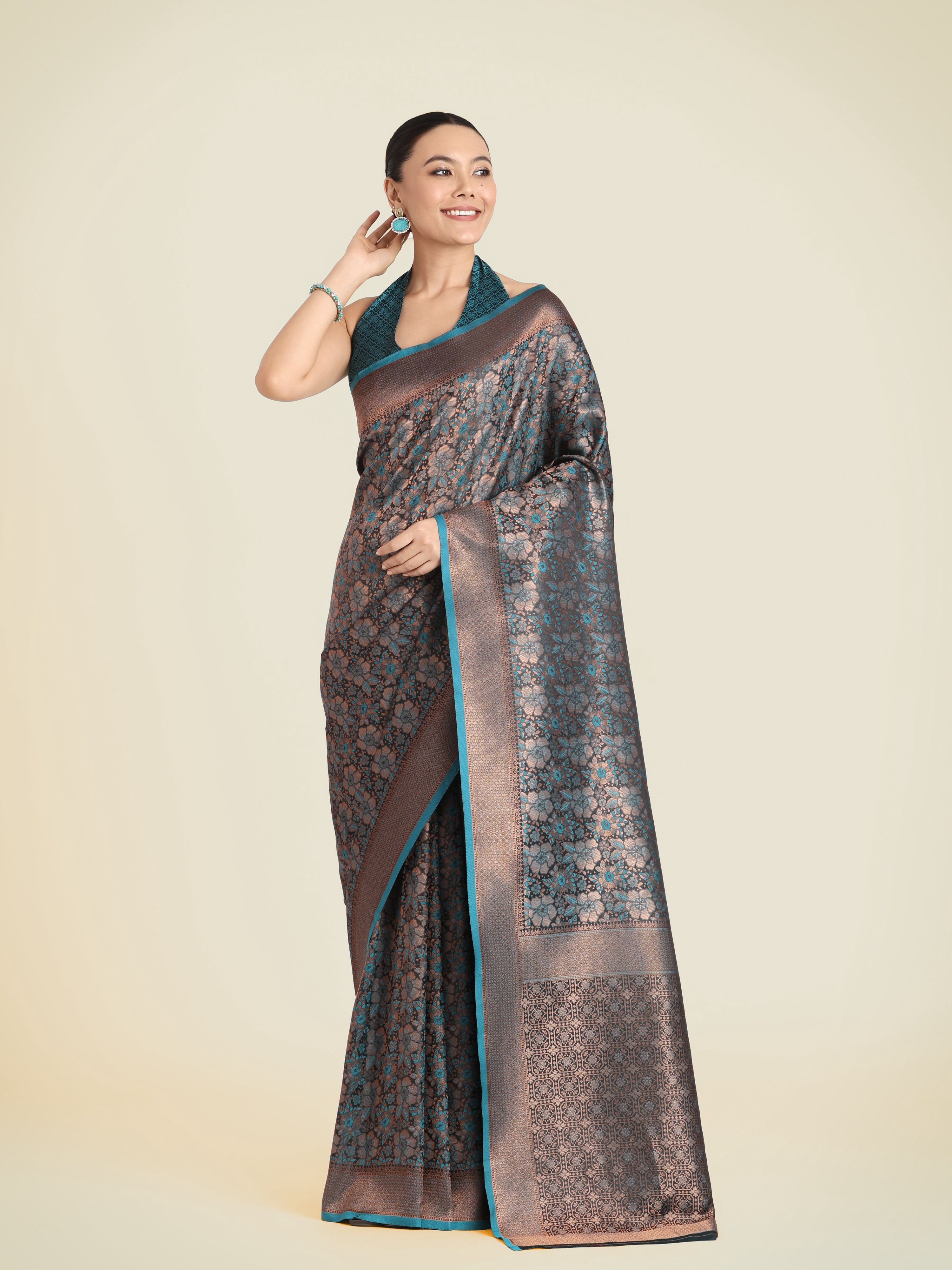 Monjolika Fashion Teal Color Banarasi Silk Woven Saree | Grocsy