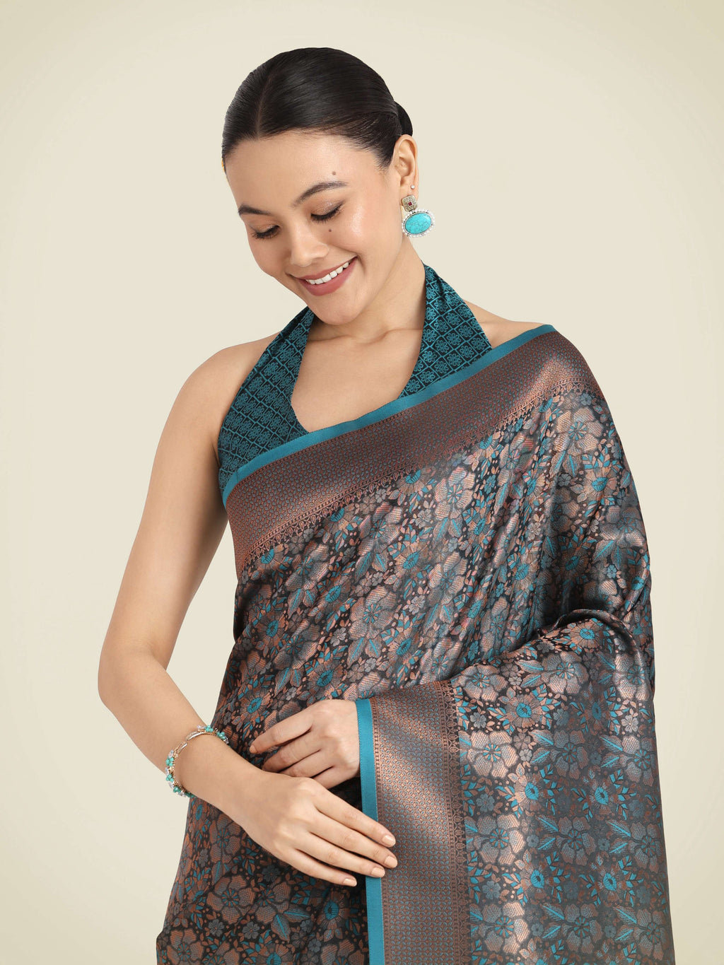 Monjolika Fashion Teal Color Banarasi Silk Woven Saree | Grocsy