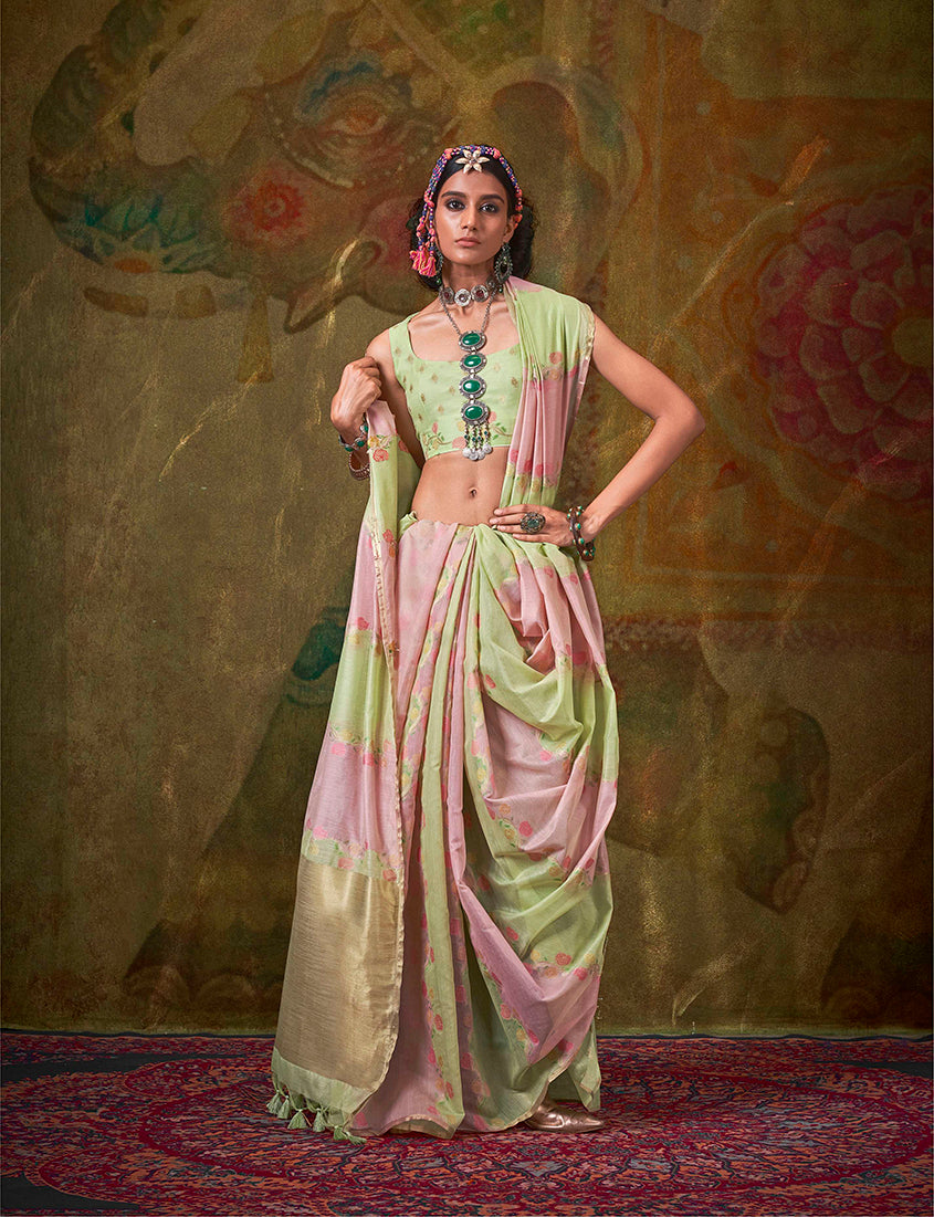Monjolika Fashion Handloom Cotton Light Green And Pink Weaving Contemporary Saree | Grocsy
