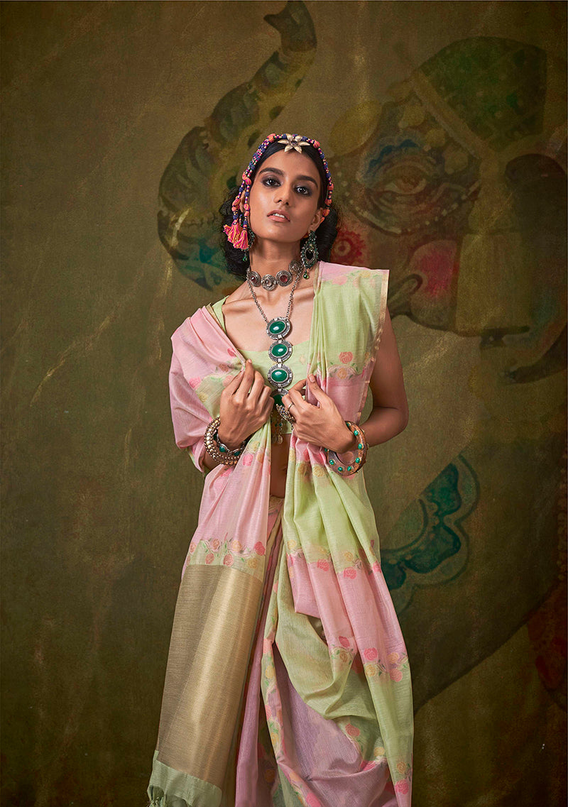 Monjolika Fashion Handloom Cotton Light Green And Pink Weaving Contemporary Saree | Grocsy