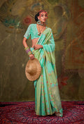 Monjolika Fashion Handloom Cotton Green And Turquoise Weaving Contemporary Saree | Grocsy