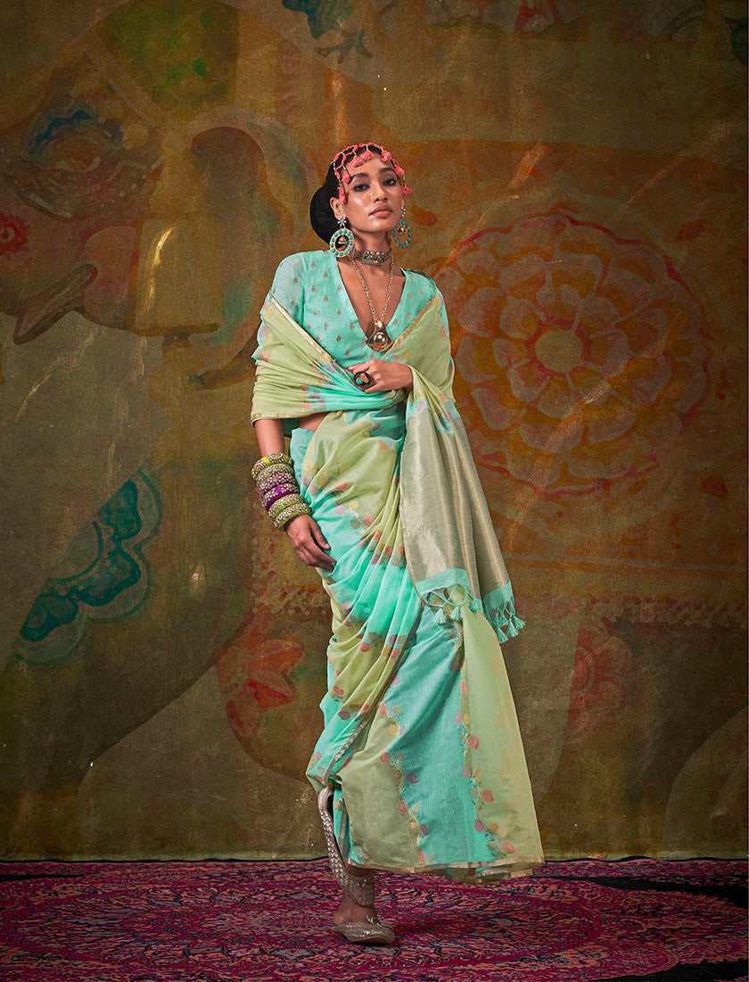 Monjolika Fashion Handloom Cotton Green And Turquoise Weaving Contemporary Saree | Grocsy