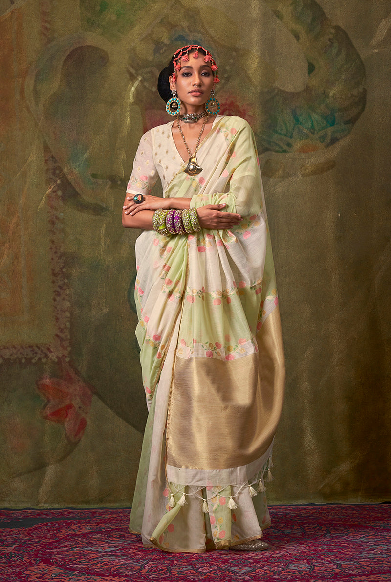 Monjolika Fashion Handloom Cotton Weaving Cream Traditional Saree | Grocsy